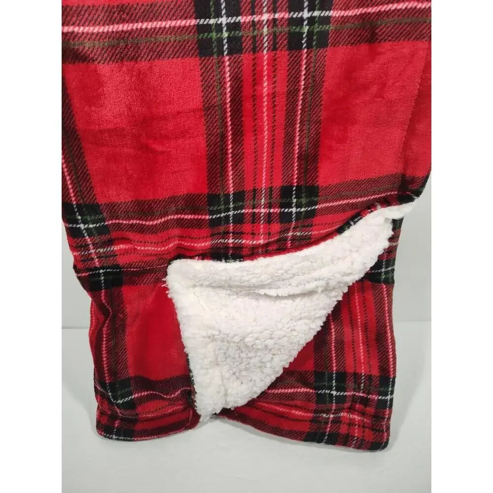 Let It Snow Plush Printer Throw  Sherpa Reverse 50X70 Red Plaid Print NWT
